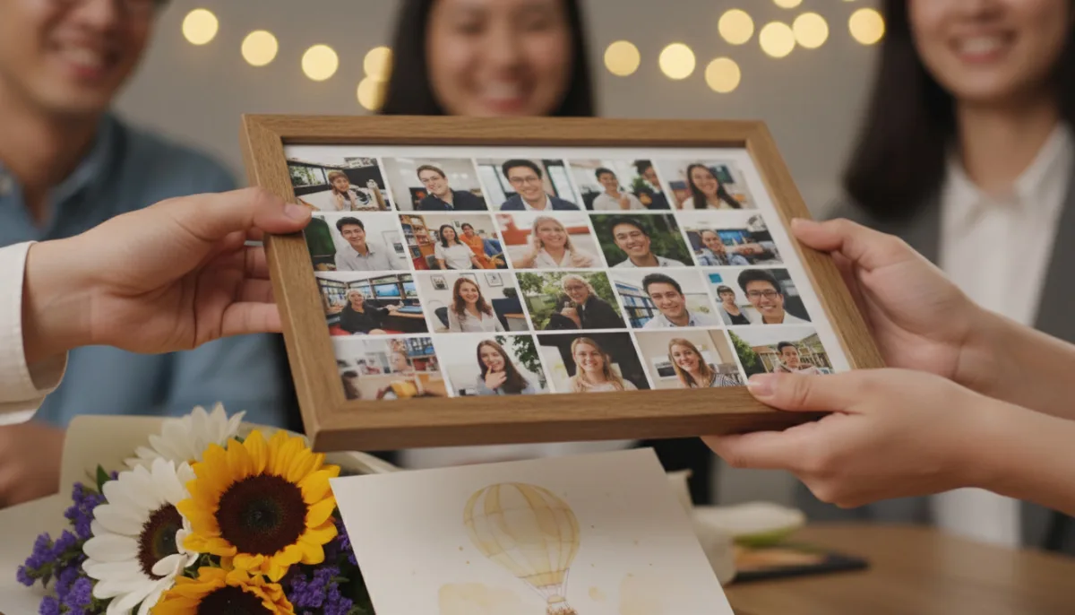 Team gift collage with farewell quotes and names