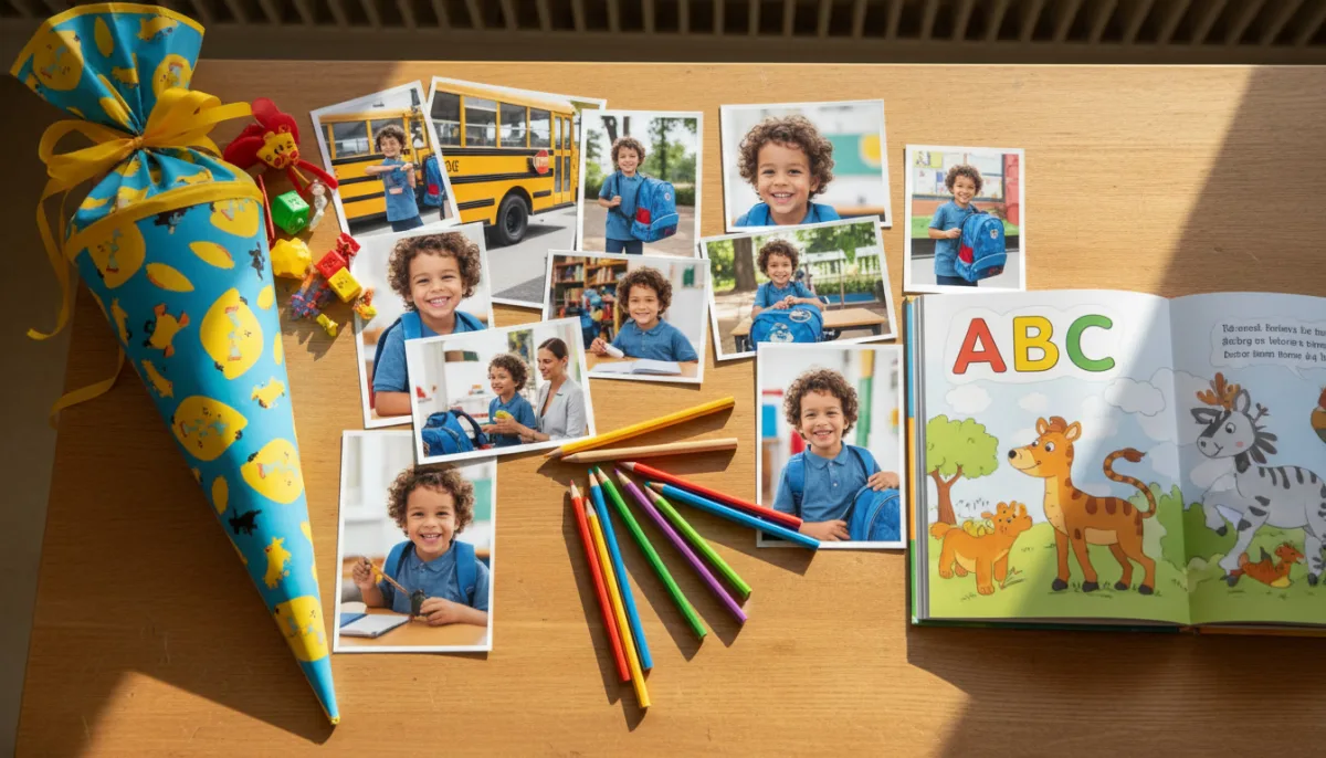 Einschulungscollage mit Name und Datum