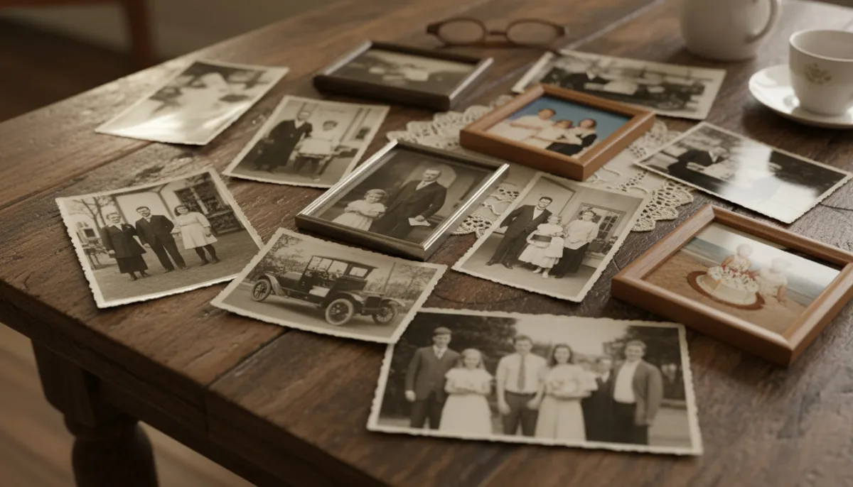 Familienchronik-Collage mit Fotos aus verschiedenen Generationen