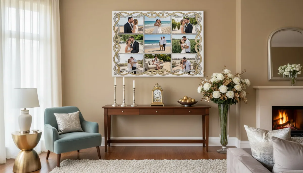 Jahrestagscollage als Leinwand im Wohnzimmer