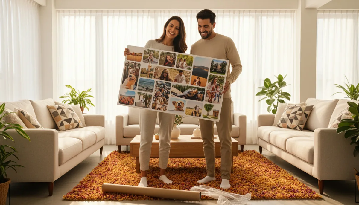 Memory photo collage displayed as living room wall art